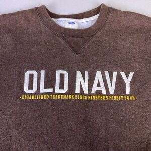 Y2K Old Navy Sweater L Mens Pullover Lined Spellout Crewneck Brown VGUC